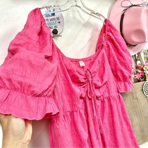 Barbiecore w Puff sleeves boho pink dress with doll shabby chic vibe - Picture 4 of 13